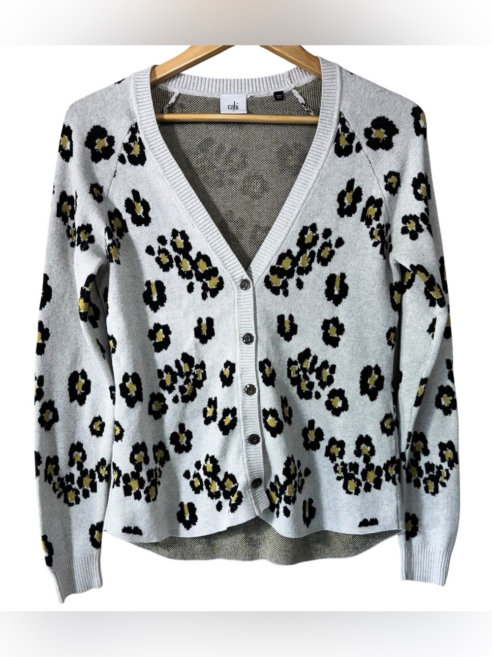 CAbi Kiki Light Gray Leopard Spot V-Neck Cardigan | Women’s S